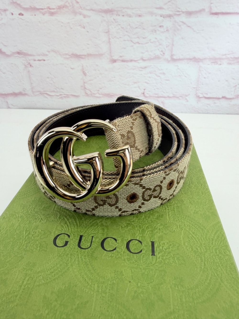 Gucci Original GG Canvas Marmont Thin Belt 625839 120 48 Beige Ebony